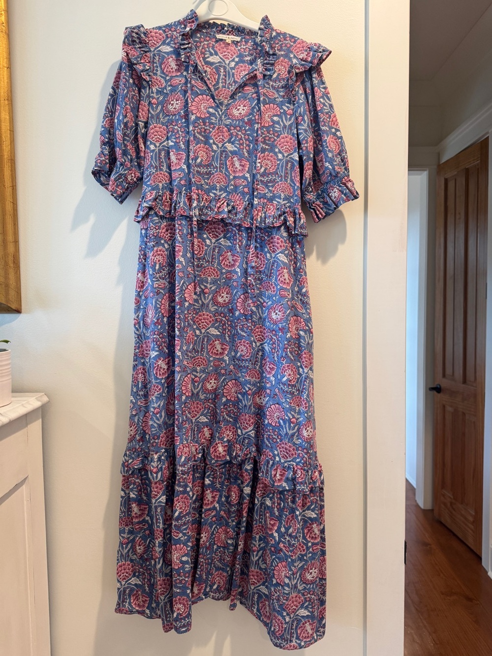 Ophelia & Indigo Floral Ruffle Maxi Dress - Pink & periwinkle, size Medium